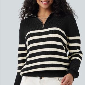 Halara Half Zip Lapel Color Block Striped Casual Sweater